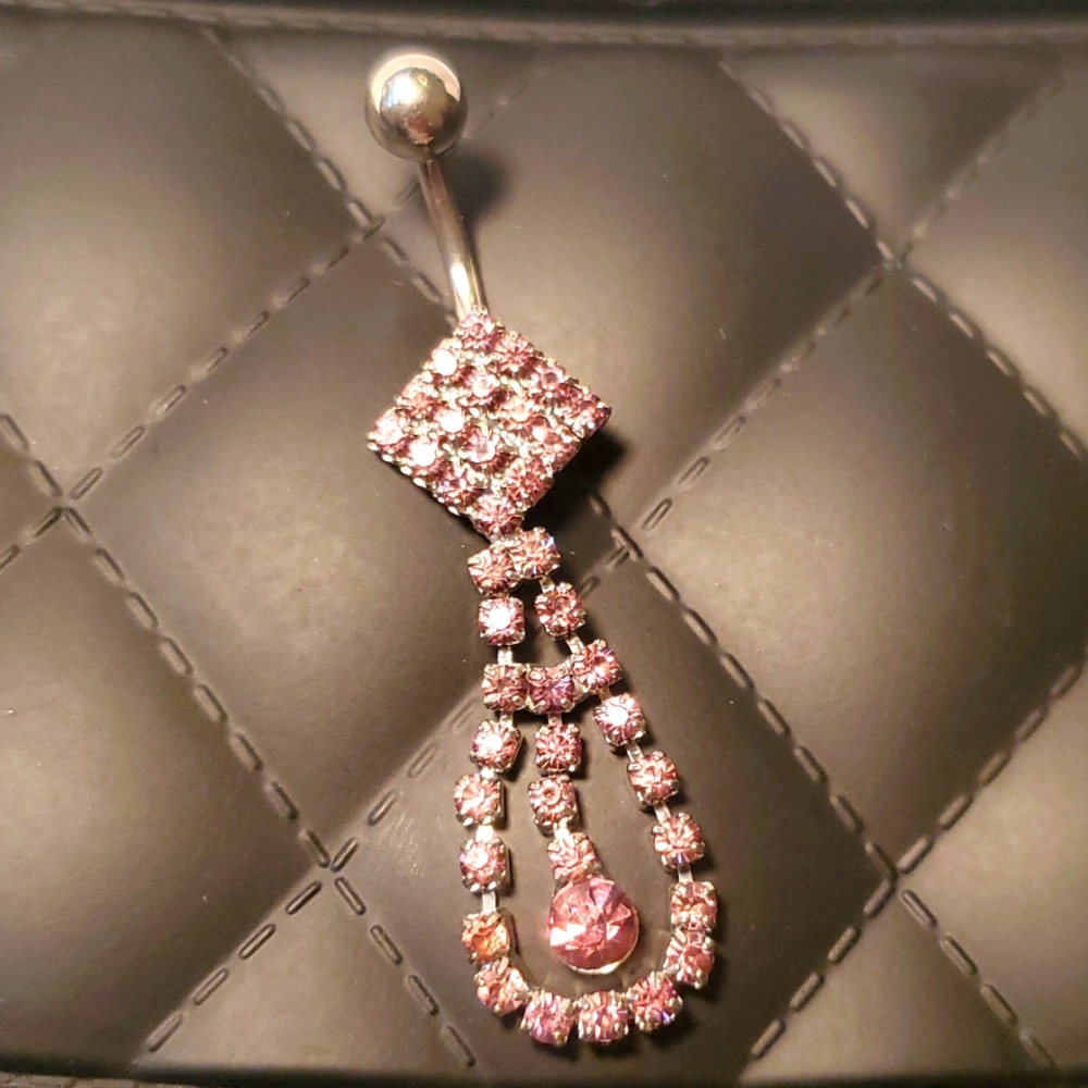 Belly button ring pink jeweled dangle teardrops